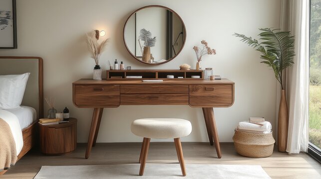 Modern wooden vanity with mirror, stool, and decor in a bedroom.