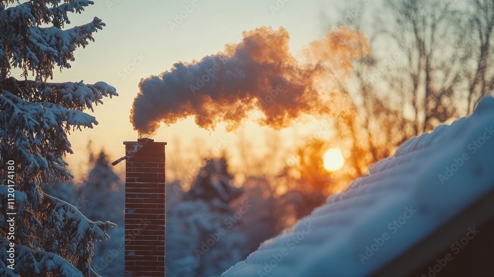 Poster dark smoke billows from a chimney atop a brick structure, contrasting with the colorful glow of a su