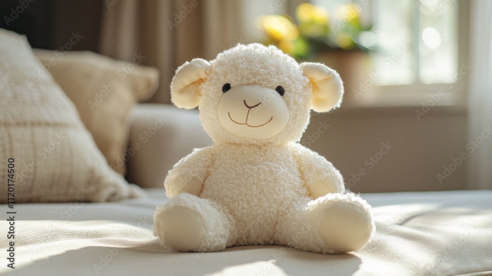 Poster a soft, cuddly sheep toy is placed on a neatly made bed, basking in warm sunlight streaming in throu