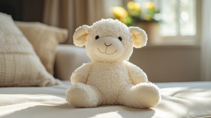 A soft, cuddly sheep toy is placed on a neatly made bed, basking in warm sunlight streaming in through a nearby window, creating a peaceful atmosphere.