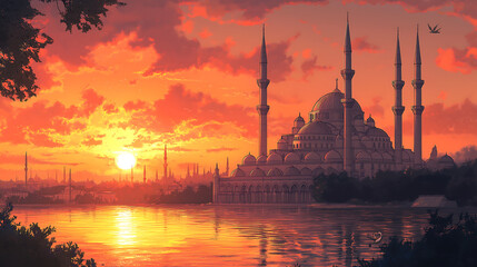 Fototapeta premium majestic masjid with tall minars, 3d render illustration, islamic background, generative ai