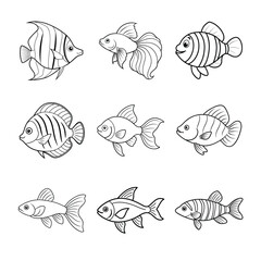 Aquarium Classics Line Art Collection – Clownfish, Betta Fish, Goldfish, and More Classic Aquarium Fish Vector Bundle