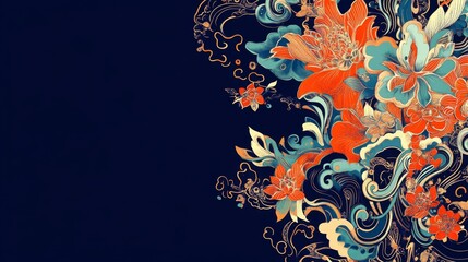 Floral Pattern with Gold Leaf on Blue Background