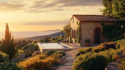 Naklejka premium Exterior view of a rustic mediterranean house overlooking the sea at sunset. Generative AI.