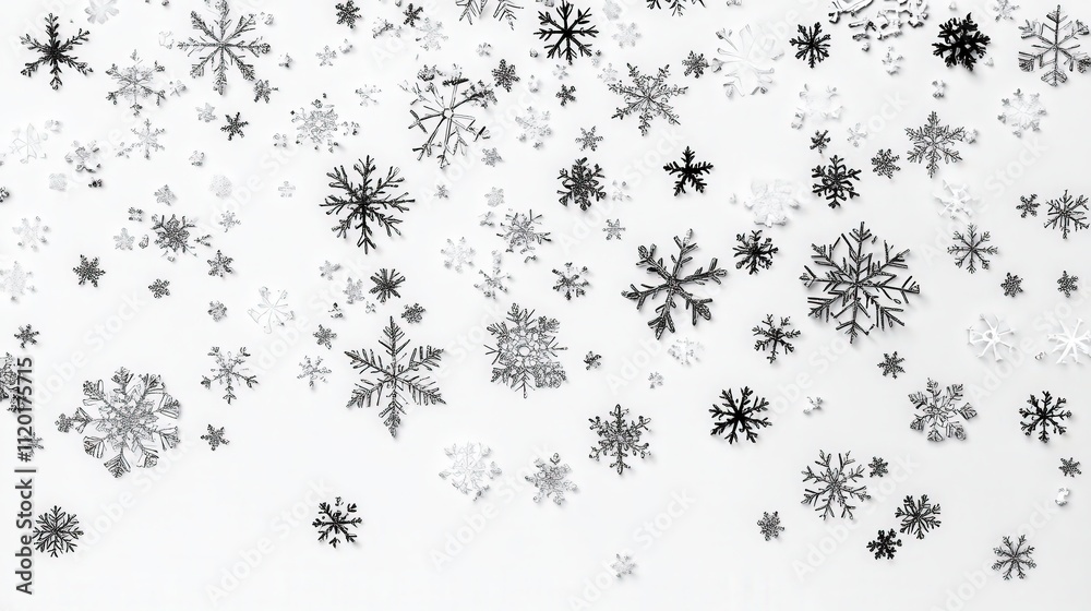 Fototapete A Merry Christmas vector illustration featuring a delicate array of snowflakes scattered across a white background.
