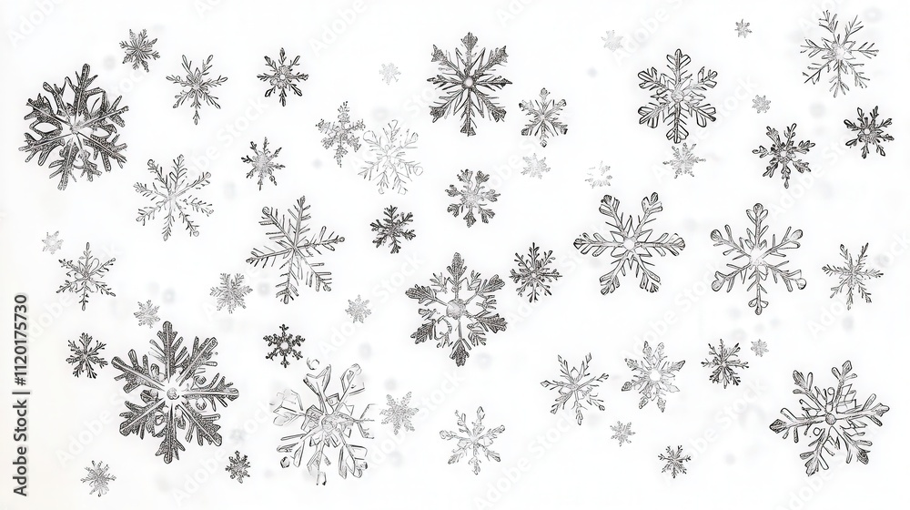 Fototapete A Merry Christmas vector illustration featuring a delicate array of snowflakes scattered across a white background.