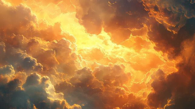 Celestial realm of seraphic beings amidst shimmering clouds and golden light, hyperrealistic photo. Seraphic. Illustration