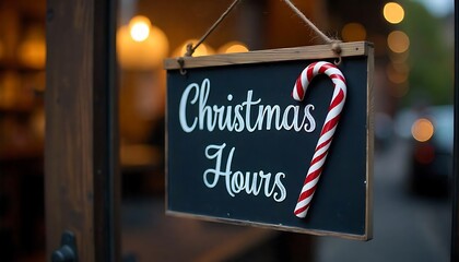 Christmas Opening Hours, a black sign with white text and a candy cane decoration, hanging on door sign, banner, advertisement, and flyer, created with generative ai