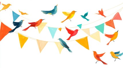 Colorful Birds Flying with Festive Flags Illustration
