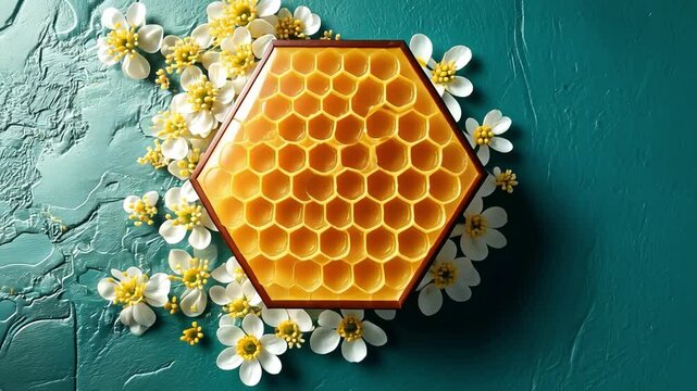 Honeycomb Treasure: Golden Honeycomb in Wooden Hexagon Box Surrounded by White Blossoms on Teal Background 
