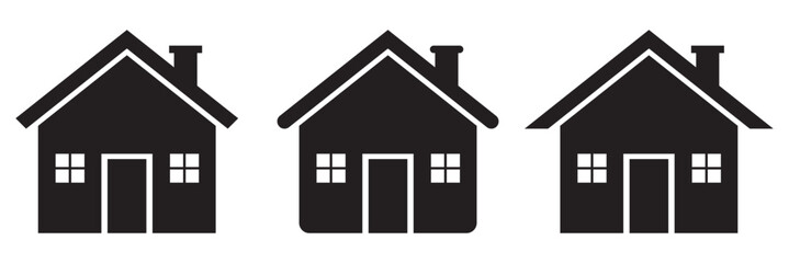 Collection of home icon. House icon. Set of real estate objects and houses black icons isolated on white background.