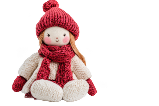 Knitted soft rag doll Christmas on white background