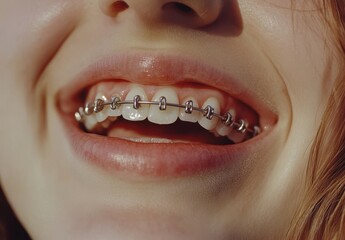 Obraz premium Close-Up of a Young Person's Smile Showcasing Braces with Bright and Healthy Teeth, Emphasizing Dental Care and Oral Hygiene in Natural Light