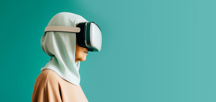 A woman wearing a hijab, immersed in a futuristic virtual reality experience with VR glasses. The scene blends fictional elements with reality, creating a seamless transition