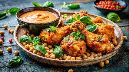 Delicious Fried Chicken Legs with Chickpeas, Fresh Basil, and Savory Sauce - Perfect for Culinary Delights