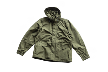 Mens green rain jacket on white backgroundsional
