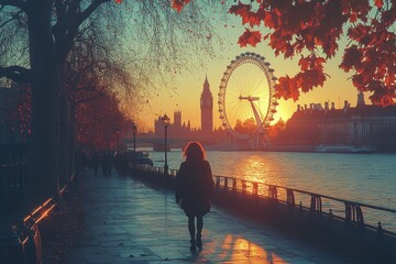 Fototapeta premium A silhouette walks along a riverside promenade at sunset, with iconic landmarks in view.