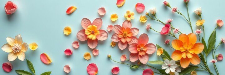 Fototapeta premium Paper cut flowers in various shapes and sizes carefully arranged on a soothing pastel blue background, with plenty of copy space, beauty, flowers