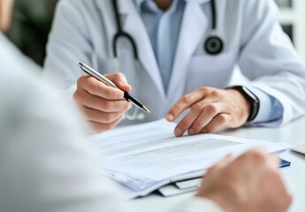 Close-Up of Medical Professional Assisting Patient with Important Documents in Modern Clinic Setting, Highlighting Doctor-Patient Communication and Care