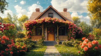 Fototapeta premium cozy country house with a beautifully crafted wooden arbor adorned with climbing roses, leading to a warm, inviting front door