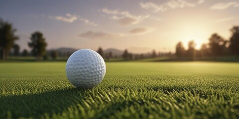 Golf ball on illuminated fairway with backlit horizon, horizon, fairway, backlight