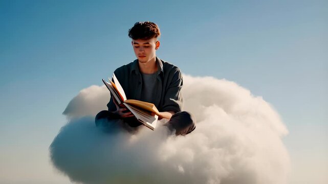 Young Man Sitting on a Cloud Reading a Book in the Sky