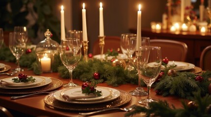 Festive Holiday Table Setting with Candles, Greenery, and Elegant Dinnerware