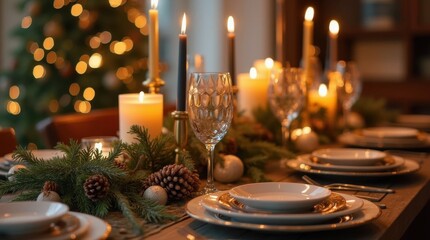 Festive Holiday Table Setting with Candles and Greenery