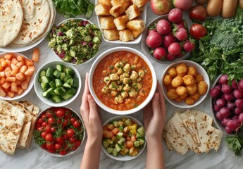 Colorful Display of Fresh Ingredients and Delicious Dishes on a Marble Surface with Hands Serving a Bowl of Soup Surrounded by Vegetables and Breads