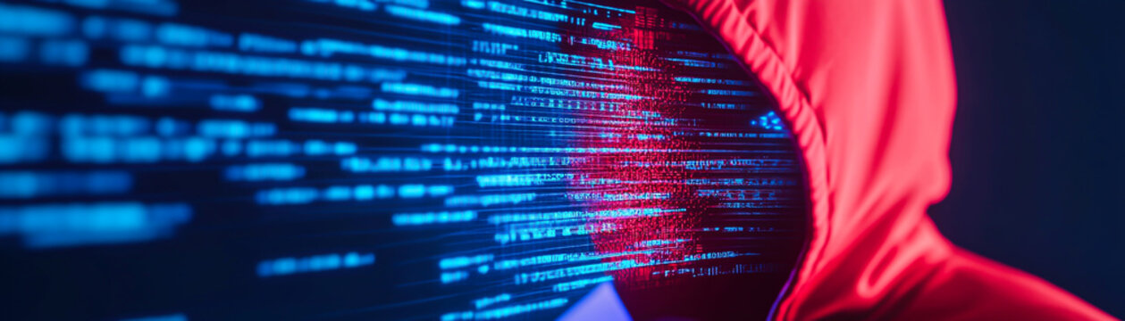 A hacker wearing a hood with blue and red computer code.