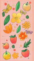 Abstract Vertical Arrangement of Colorful Fruits and Flowers on a Soft Pink Background
