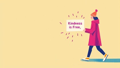 Person Wearing Red Coat and Hat Holding a Sign with Kindness Message in Bright Background