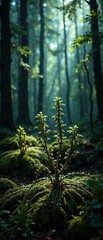 Fototapeta premium Low-light shot of forkmoss or Dicranum growing in a shaded forest area, plant life in shadow, shaded forest