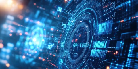 Fototapeta premium AI-powered data wheel, pulsing circular bars in electric blue and soft white, holographic computational texture, advanced machine learning aesthetic