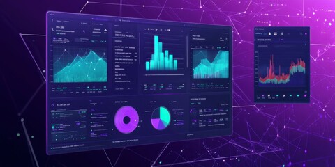 AI-powered financial analytics dashboard, luminescent data arrows in electric purple and teal, smooth morphing transitions, machine learning interface design