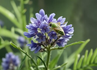Macro photo of aphid on lupine leaves and flower head , tiny creature, nature photography