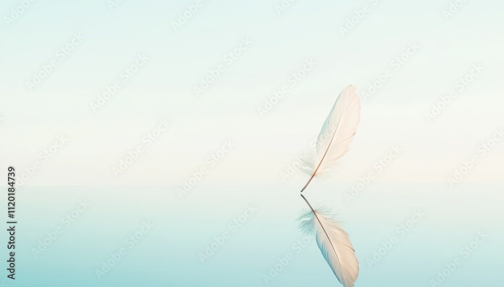 Poster soft minimalist composition of a single feather floating gently above a calm surface with serene ref