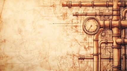 Fototapeta premium Steampunk background with copper pipes, clock, and blueprint.