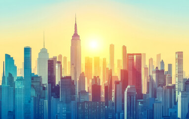 Fototapeta premium Sunrise over a vibrant New York City skyline with towering skyscrapers and warm colors
