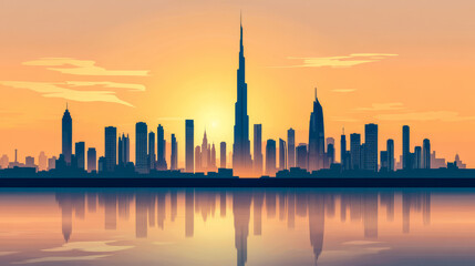 Fototapeta premium Majestic skyline of Dubai at sunset reflecting on calm waters