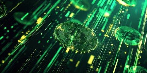 Cryptocurrency flow dynamics, neon green and gold data streams, floating digital arrows, blockchain-inspired transparent interface, quantum financial visualization