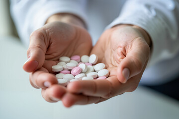 A person in a white lab coat holds an assortment of white and pink pills in their cupped hands.