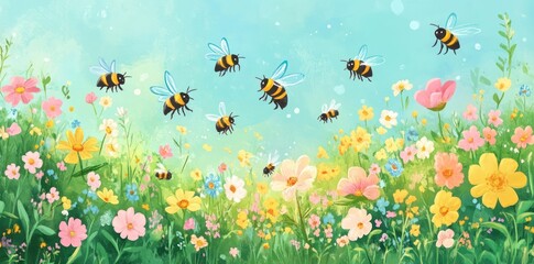 Obraz premium Bumblebees Flying Over A Colorful Wildflower Meadow