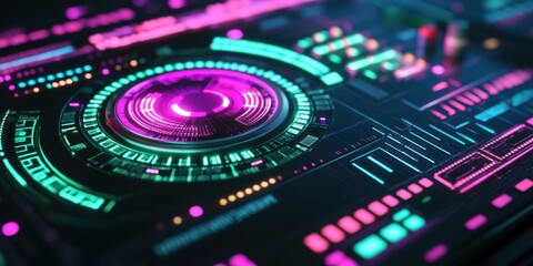 Fototapeta premium Cybernetic data wheel, razor-sharp luminescent bars in electric magenta and plasma green, holographic 3D projection, high-contrast technological interface, ultra-detailed UHD rendering