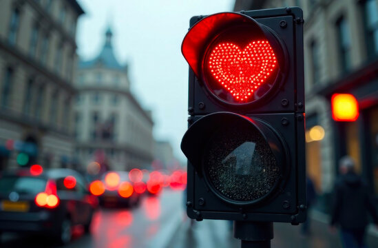 A unique red traffic light shaped like a heart stands prominently at a busy city intersection during rain