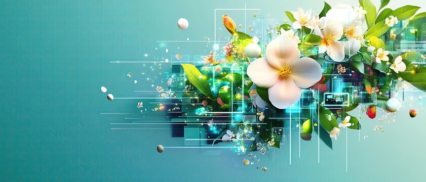 Modern Technology Advancements Spring clean depiction of advanced technologies integrated with spring elements, such as flowers and greenery, in a vibrant but minimal design