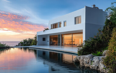 Modern coastal villa with sunset view over tranquil water