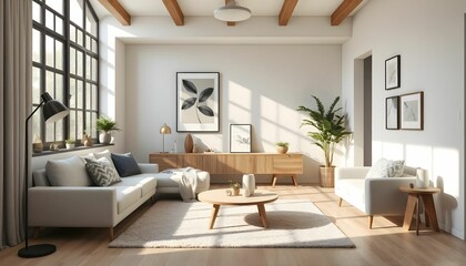 Fototapeta premium modern scandinavian living room, 3d render sunny bright interior, plaster wood texture,s minimalist design, stylish lighting cozy functional decor, realistic textures