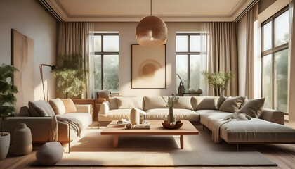 Fototapeta premium modern scandinavian living room, 3d render sunny bright interior, plaster wood texture,s minimalist design, stylish lighting cozy functional decor, realistic textures