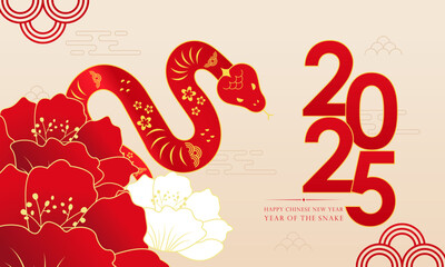 Happy Lunar New Year! Chinese New Year 2025: Year of the Snake Zodiac on a Red Background Illustration